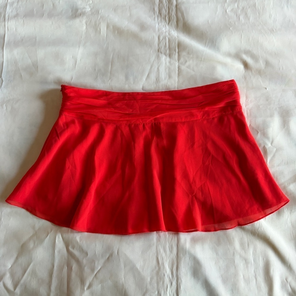 GUIZIO- Chiffon Slit Mini Skirt Size Large Poppy Orange Micro Summer Low Waist - Picture 5 of 9